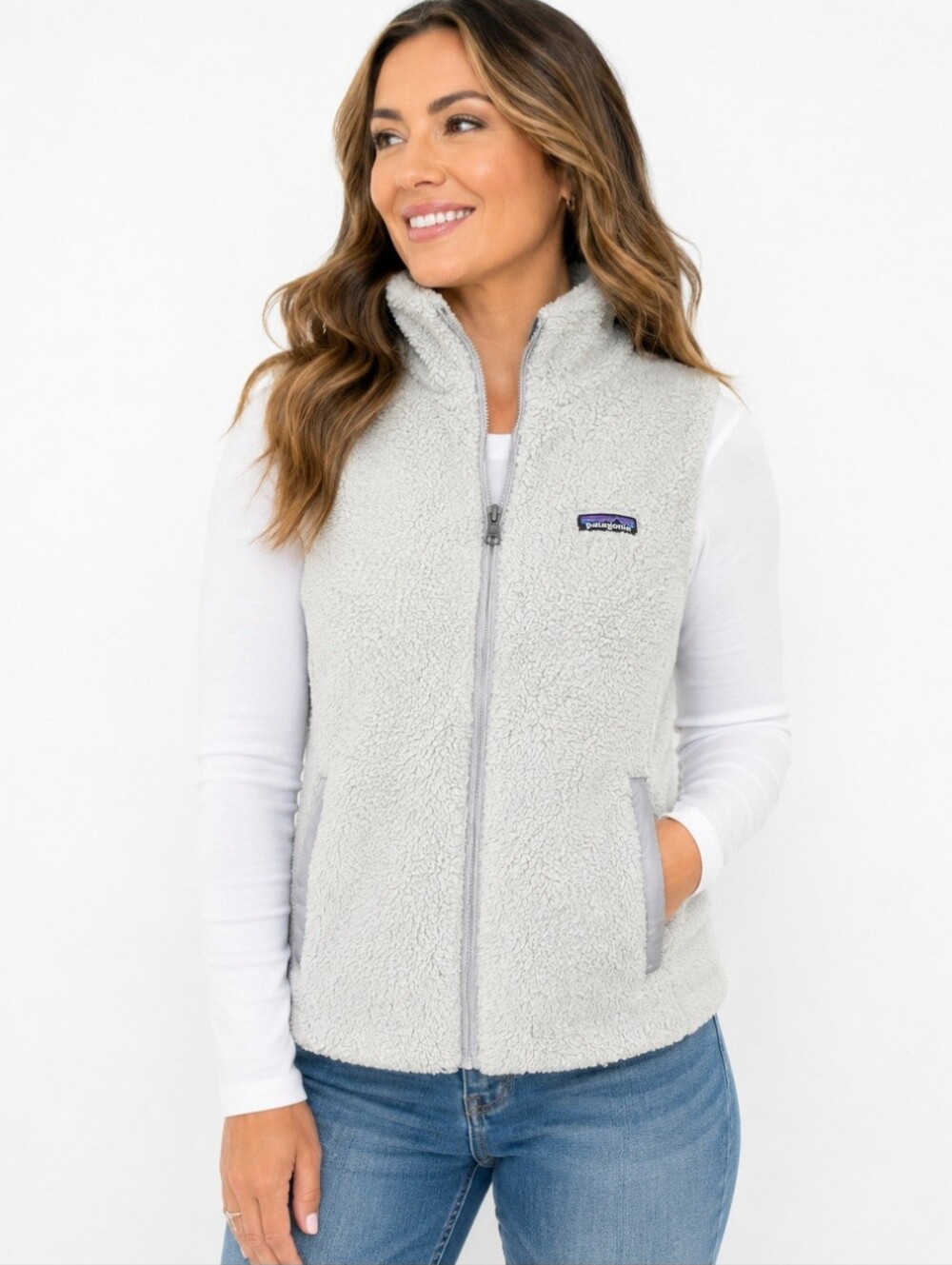 Patagonia Women's Fuzzy Los Gatos Sherpa Fleece Vest Gray Full Zip Medium